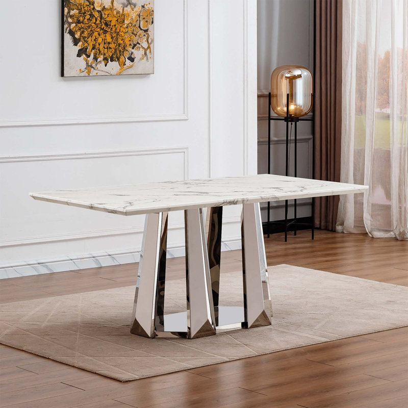 Table de salle à manger rectangulaire 70 po, Argent argent, Blanc