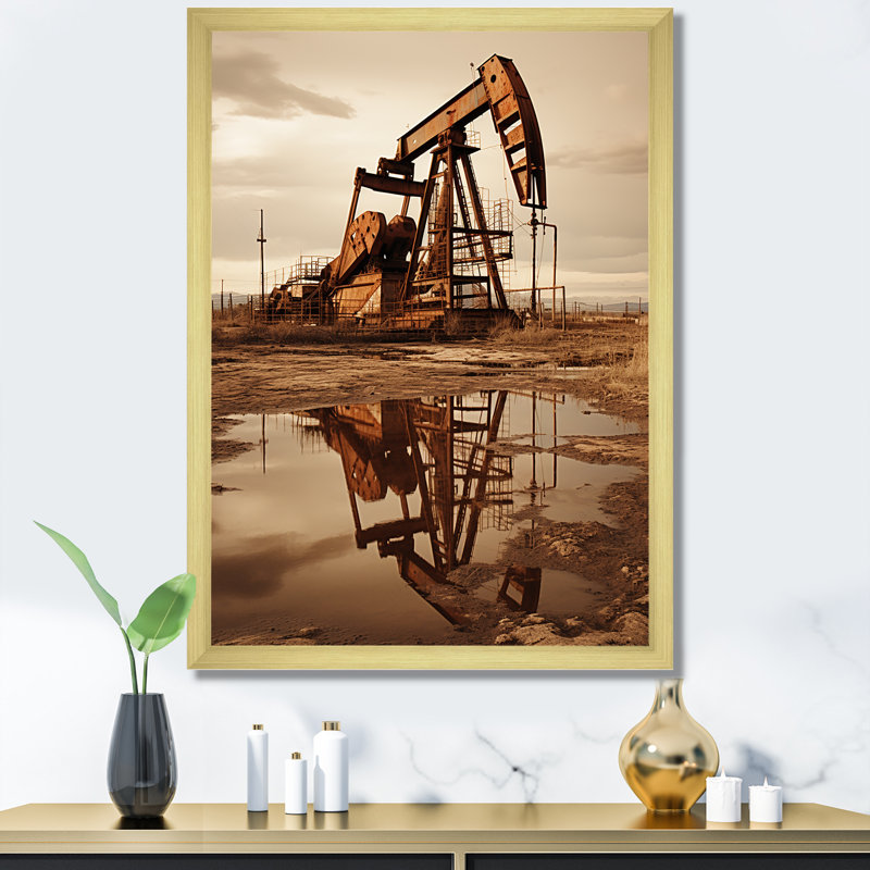 «Modern Sepia Drilling Rig Field I», reproduction sur toile, H 44 po x l 34 po x P 1,5 po, Cadre doré simple