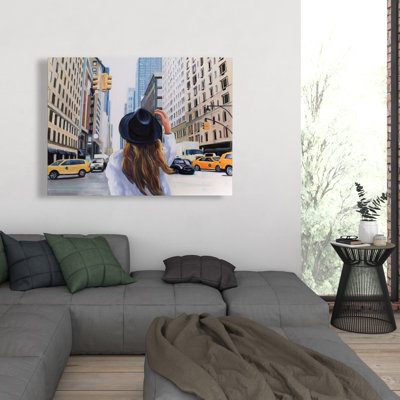 Yellow Car Canvas - Woman Traveling to New York City Decor