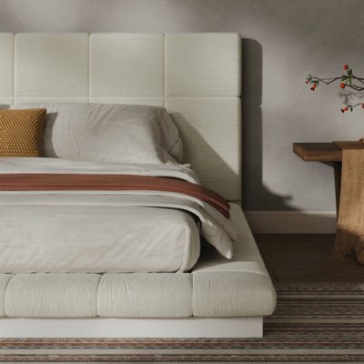 Square Tufted Upholstered Bed Frame with Padded Headboard, Low Profile Metal Slat Base, Anti-Collision Padded Surround, No Box Spring Needed, Easy to
