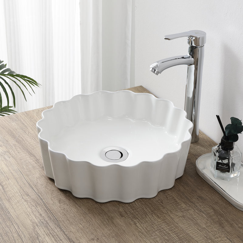 Lavabo vasque de salle de bain rond contemporain en céramique festonnée de 15 po Atelier, lavabo de comptoir cannelé blanc brillant cannelé