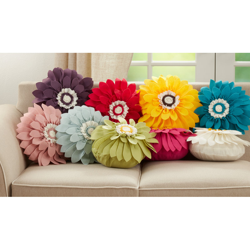 Red and White Round Felt Flower Throw Pillow