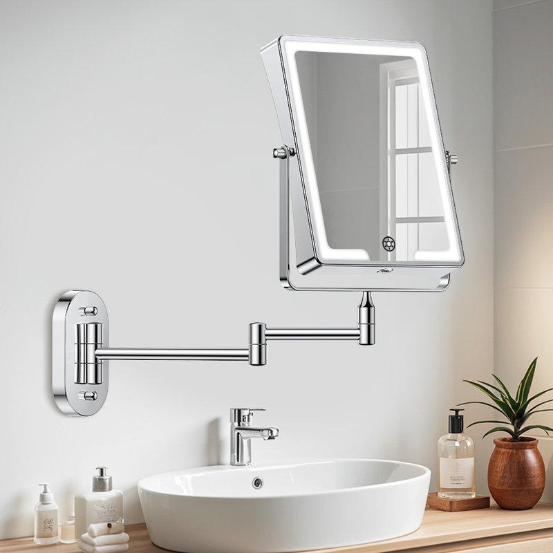 Aaliegha Metal Rectangle Modern LED Lighted Magnifying Wall Mounted Bathroom Vanity Makeup Mirror, Chrome, Chrome