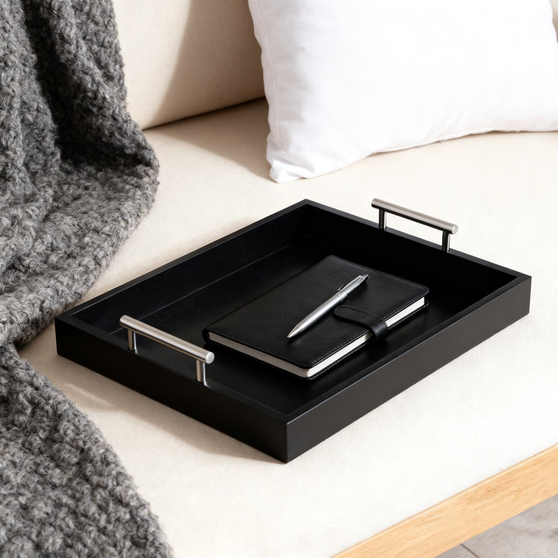 Plateau de service moderne en bois avec poignées polies et 4 sous-verres, organisateur de table basse repose-pieds pour salle de bain et bar