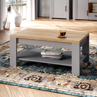Farmhouse style coffee table with open storage compartment, living room, engineered wood, grey/warm oak decor, 100 cm W  x 45.7 cm H x 21.9 cm D