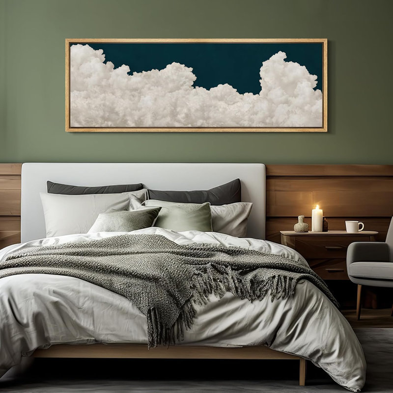 Serene Cloudscape, nuages blancs sur un ciel bleu profond, rétro, illustrations d'art, décor, H 20 po x l 60 po, Naturel