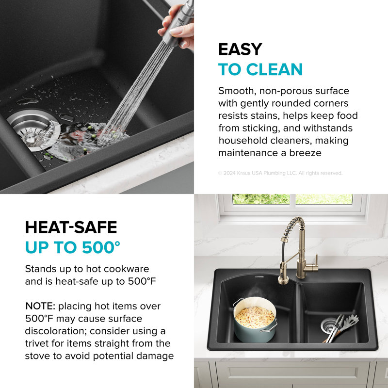 KRAUS Forteza™ 33" L Dual Mount 60/40 Double Bowl Granite Kitchen Sink, Black