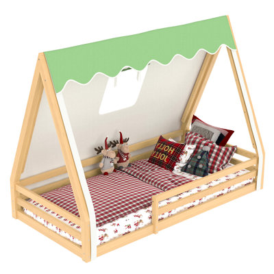 Twin Size House Floor Bed With Lighting Teepee And Full - Length Guardrails, Solid Wood Frame For A Cozy ' Sleeping Area Setup, Design, Secure