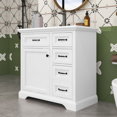 Meuble-lavabo de salle de bain avec lavabo en céramique, portes à fermeture en douceur, tiroirs rabattables et tablettes réglables