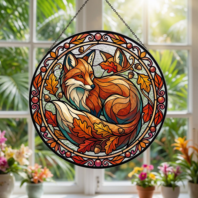 Panneau de vitrail Fox Autumn, H 7,8 po