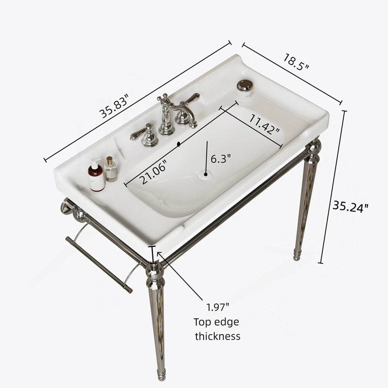 Évier de console de salle de bain mural avec trous de robinet pré-percés, pieds de support autoportants et barre à serviettes, idéal pour la rénovation de salle de bain et l’optimisation de l’espace.