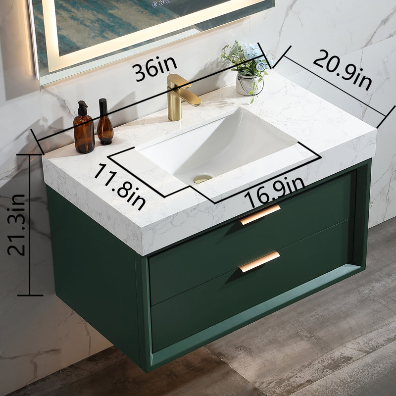 Meuble-lavabo mural en bois flottant avec plateau en acrylique blanc, Vert, 36"