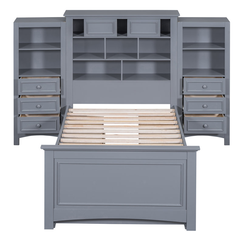 Lit plateforme avec armoire verticale tout-en-un et tiroirs de chaque côté, Gris
