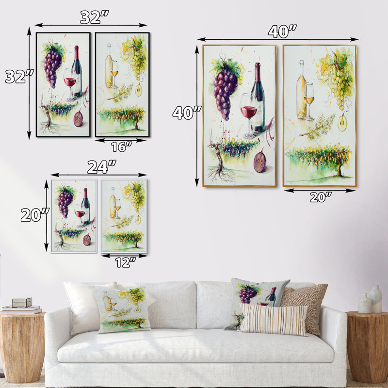 Raisins avec bouteille de vin - ensemble de 2 reproductions sur toile, H 20 po x l 24 po x P 1 po, Cadre flottant doré