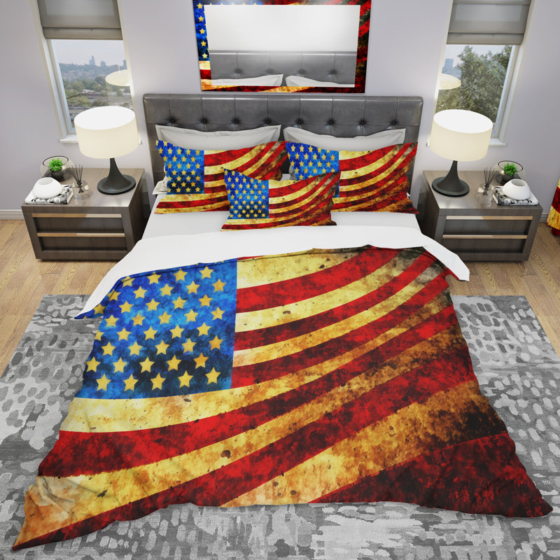«God Bless America Flag» - Ensemble de housse de couette à motif abstrait - Microfibre de polyester