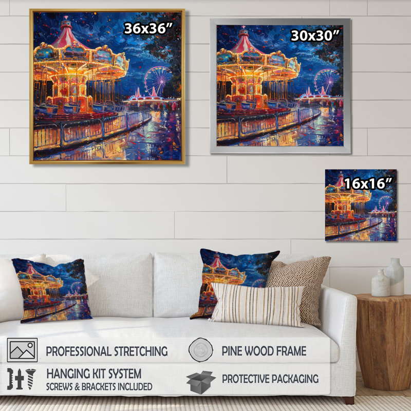 Jaune, bleu, parcs d'attractions Neon Nights - Amusement Parks Wall Art Living Room, Cadre flottant brun
