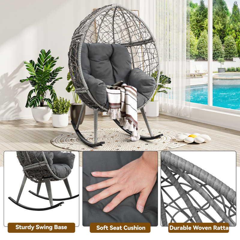 Danald 37.6"W Rattan Egg Chair with Rocker, Grey, Dark Grey