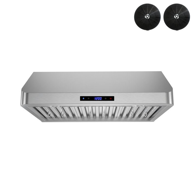 30 po Hotte T-1909-1-CL Merlara convertible sous-comptoir 406 pi3 / min en acier inoxydable brossé avec filtres à chicane, commande tactile, lumières DEL