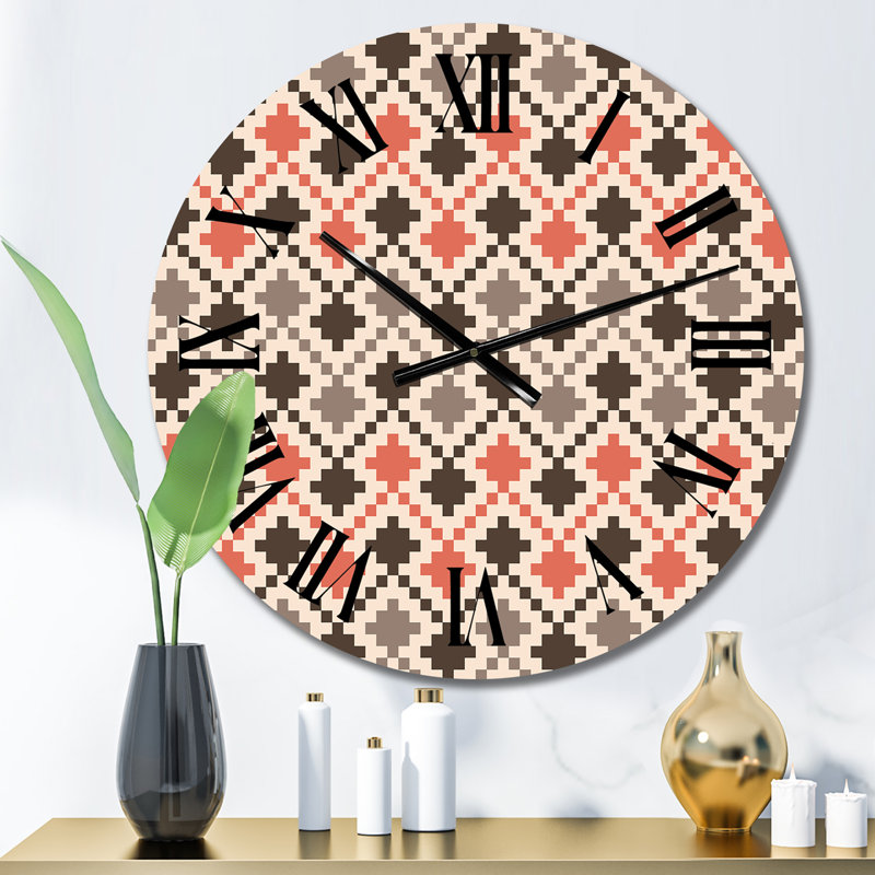 Horloge murale à motifs géométriques rouges et brunes, Surdimensionné
