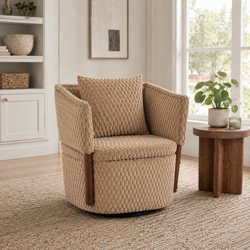 Fauteuil demi-tonneau pivotant de 25,6 po de largeur avec rangement caché et coussin lombaire, Kaki