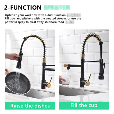 Contemporary Kitchen Faucet With Pull-Down , Black + Gold, Single Handle, 360 Degree Rotation Pull Down Rotation, Lever, Modern Sink