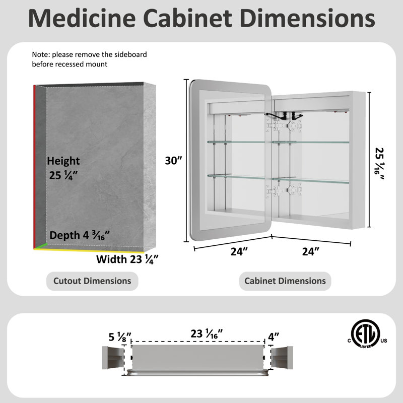 Armoire à pharmacie encastrée / à fixation en saillie à cadre arrondi avec cadre en aluminium argenté l 24 po x H 30 po Cynethia