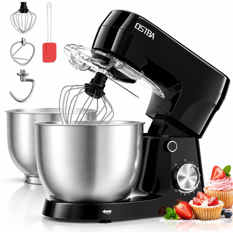 Mélangeur sur socle inclinable 800 W avec bols emboîtables en acier inoxydable de 4,2 pte et 5,3 pte, mélangeur d'aliments de cuisine à vitesse P + 10 avec accessoires de cuisson complets