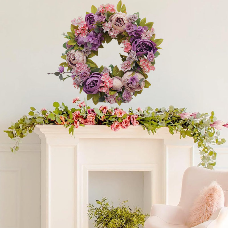Couronne de pivoines artificielles, couronne de porte d'entrée de couleur mélangée de 17,7 pouces, décorations murales et de fenêtres de porte d'entrée d'automne et d'hiver faites à la main, modèle C