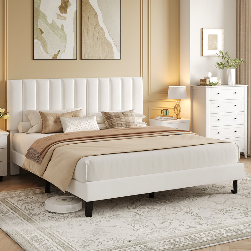 Queen Size Bed Frame Velvet Upholstered Platform with Adjustable Vertical Channel Tufted Headboard, No Box Spring Needed, White
