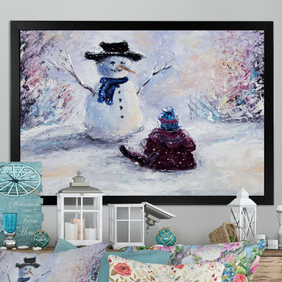 «Christmas Snowman and Child», reproduction sur toile