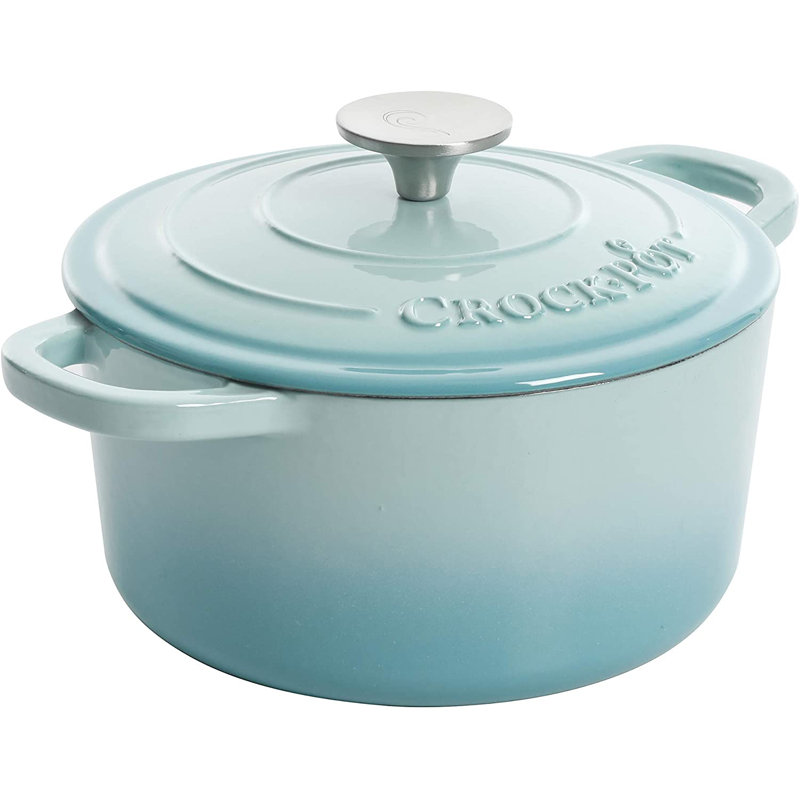 Crock-Pot 7 Quart Round Enamel Cast Iron Covered Dutch Oven Cooker, Aqua Ombre