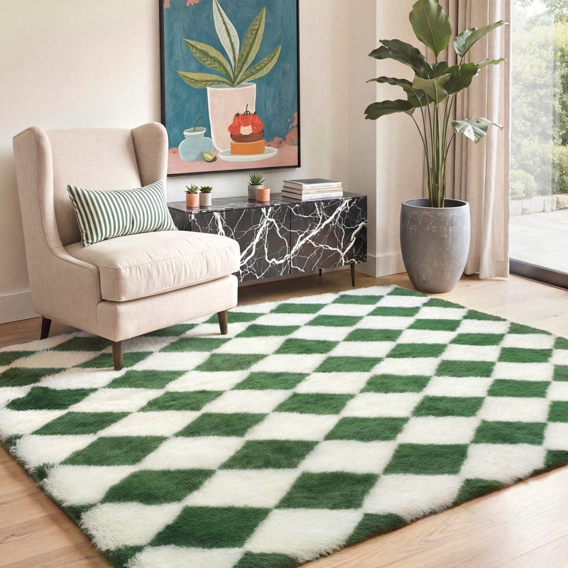 Modern Green/White Machine-Washable Checkered Shag Area Rug, Rectangle 5' x 7', Green