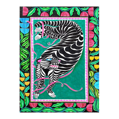 Green Pink Themed Wild Animal Pattern Woven Base Decorative Machine Washable Rug