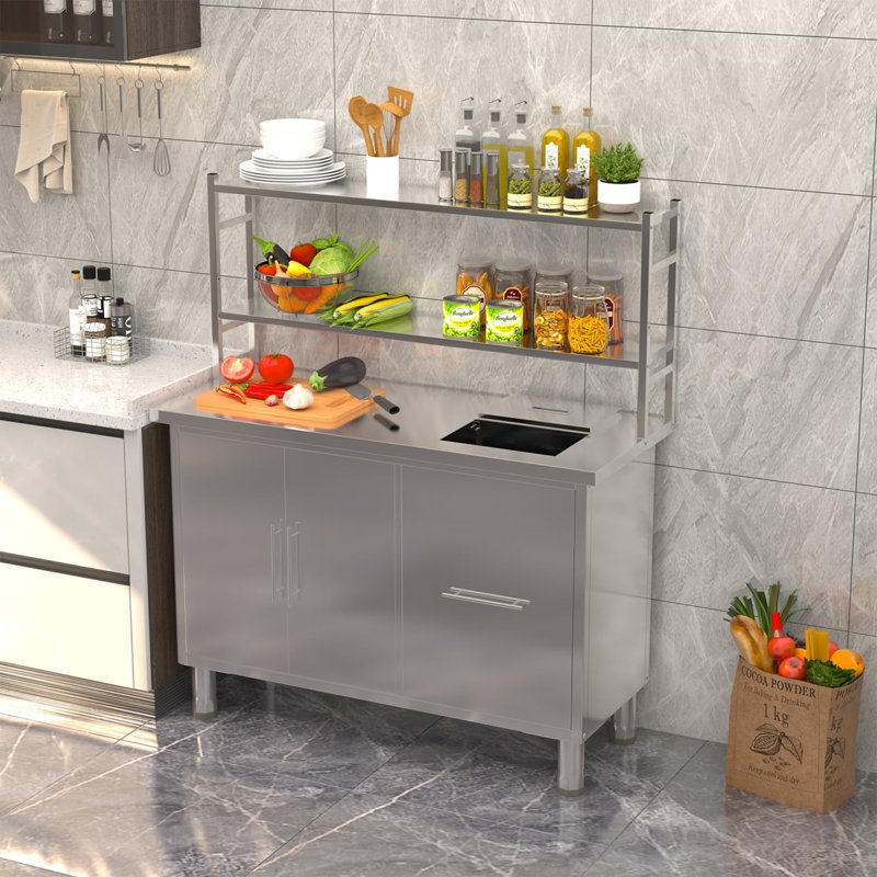 Stainless Steel Prep Table With Trash Bin Cabinet