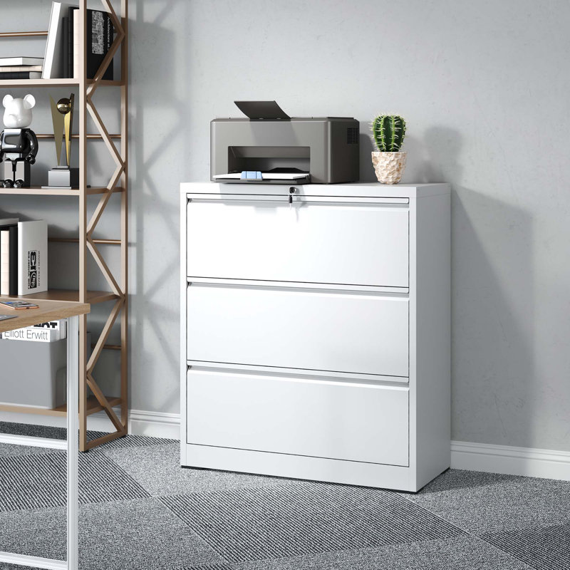 Abheek 3-Drawer Lateral File Cabinet with Lock - Heavy-Duty Metal Filing Cabinet for Home Office, Letter/Legal/A4/F4, Assembly Required,White