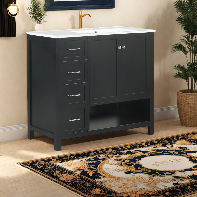 Ensemble de meuble-lavabo moderne noir avec lavabo en céramique, bois massif et panneau de fibres à densité moyenne, conception peu encombrante