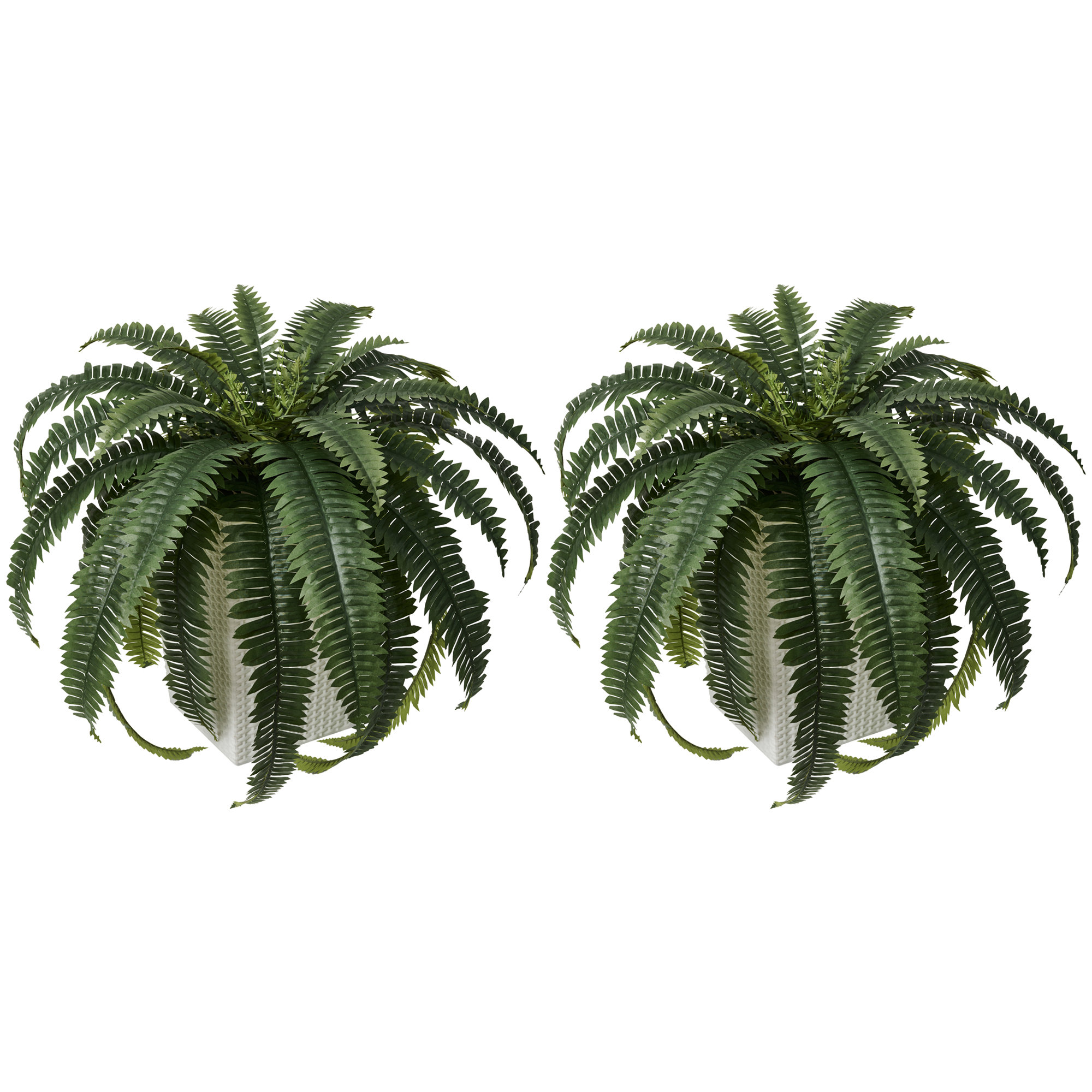 Adcock Artificial Boston Fern Bush Plant with Tapered Planter - UV Resistant Faux Ferns with 33 Leaves, 2, White