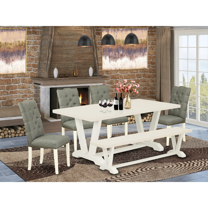 Ensemble de table de salle à manger 6 pièces, banc de salle à manger et 4 chaises rembourrées en lin fumé avec dossier capitonné - Lin brossé blanc.