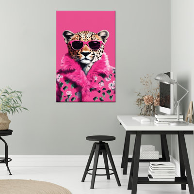 Leopard in Pink Fur Canvas Print: Glam Pop Art Decor,1P WhiteFramedCanvas