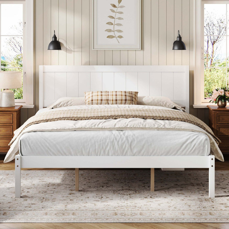 Très grand lit plateforme avec tête de lit et support à lattes de bois, sans sommier tapissier, blanc, Blanc