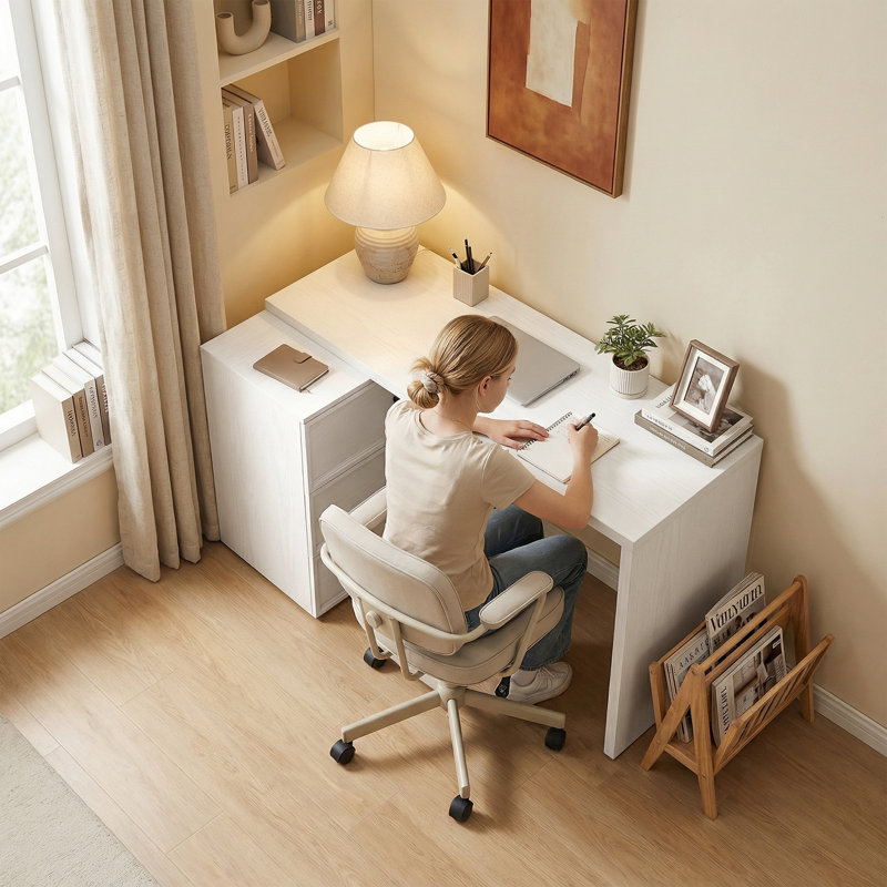 Bureau d'ordinateur en L à 3 tiroirs grain de bois blanc, Blanc