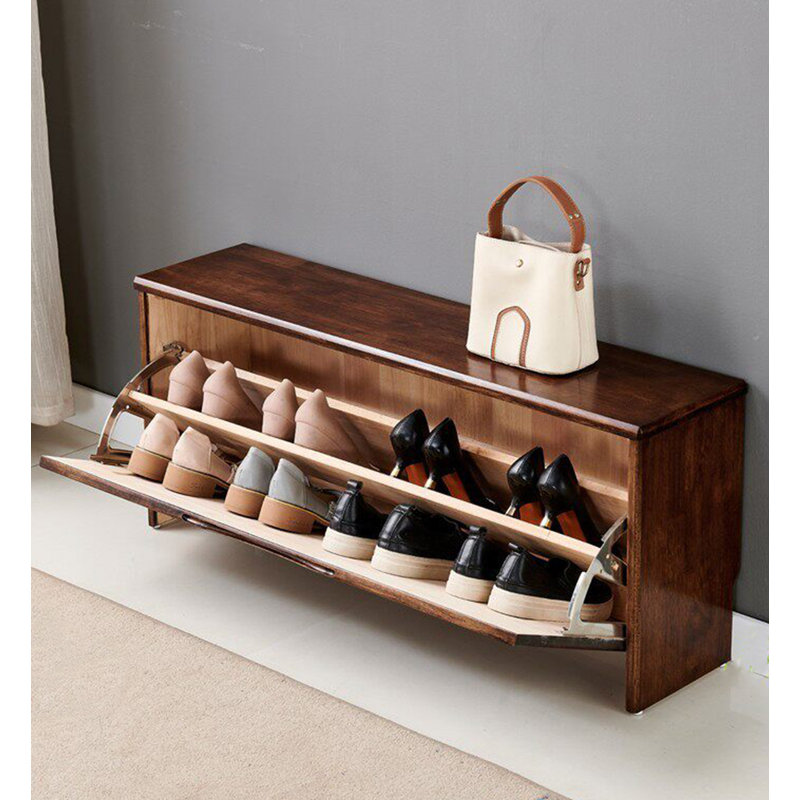 Contemporary Minimalist Dark Brown Solid Wood Flip Storage Bench, 16.54" H x 31.5" W x 9.45" D