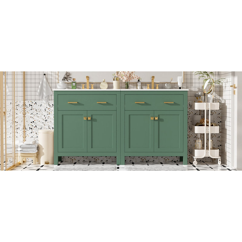 Ensemble de meuble-lavabo moderne avec double meuble-lavabo, double lavabo en céramique, tablette, portes et tiroir, Vert