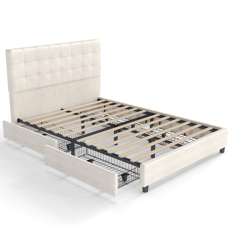 Structure de lit double avec 4 tiroirs de rangement et tête de lit tapissier, lit plateforme capitonné à canal vertical avec 12 lattes en bois - capacité de 800 lb, aucun sommier nécessaire