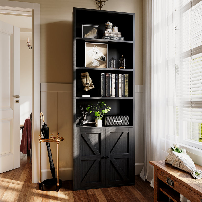 Bibliothèque de rangement avec portes Tiranke, Noir, (5 tablettes) H 59,5 po x l 21,8 po x P 9,3 po