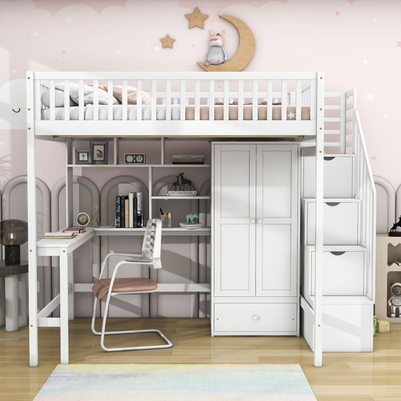  Kuster Wood Loft Bed with Drawers, Desk, Wardrobe and Storage Shelves, Gray, Full / Double