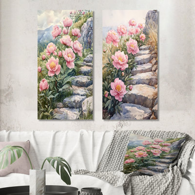 Pivoines par le chemin de pierre I - ensemble d'art mural en métal de pivoines - imprimé sur métal