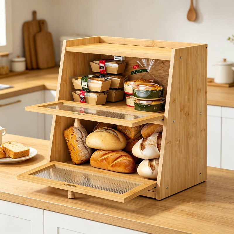 Large Bread Box for Kitchen Counter with Cutting Board, 2-Tier Bamboo Bread Storage Bin with Acrylic Wavy Door Panel