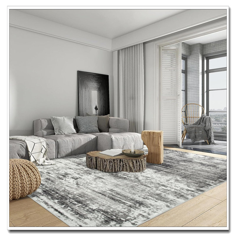 6X9 Washable Area Rug, Modern Abstract Soft Anti-Skid Non-Shedding Thin Carpet, Indoor Rug For Living Room Bedroom Nursery Farmhouse Office, Black Grey