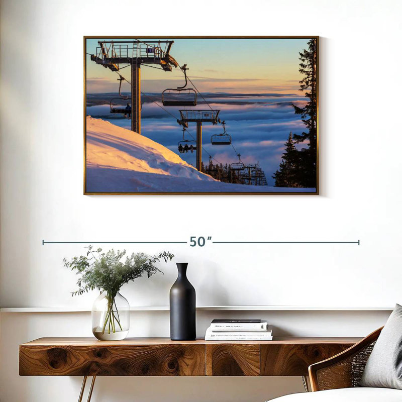 Remontées mécaniques au coucher du soleil, Cadre flottant doré, 37 po x 25 po